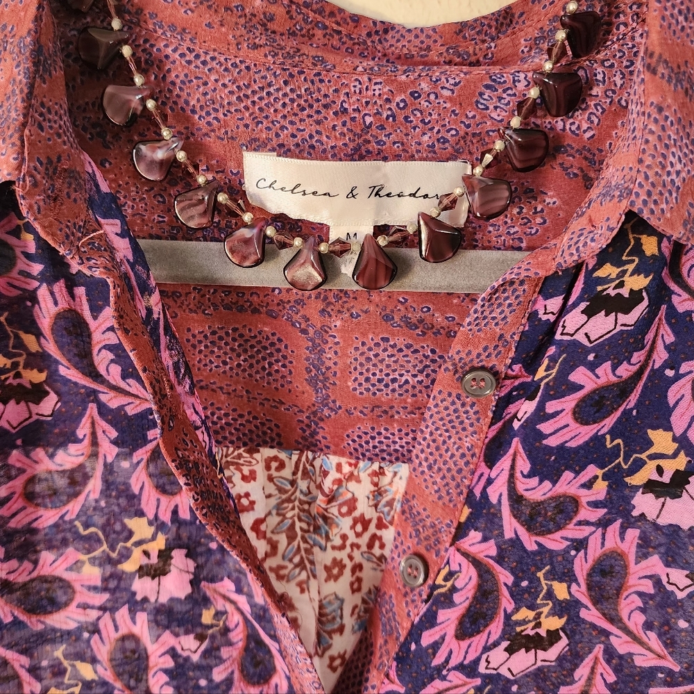 Chelsea & Theodore Purple Pink Graphic Long Sleeve Blouse - Picture 2 of 5